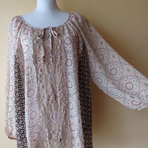 Roz & Ali Boho Blouse Size 1x Crochet Detail Semi Sheer Cream Brown Pop of Teal